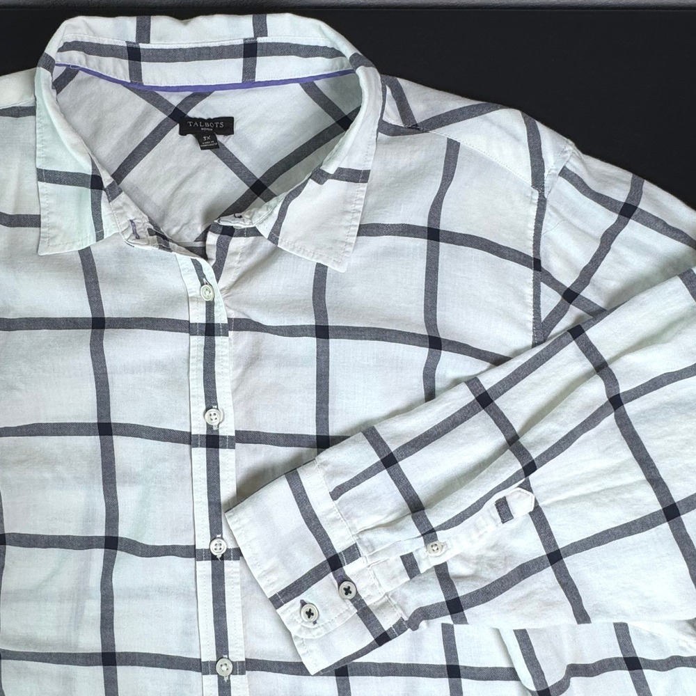 Talbots Woman 3X White Navy Windowpane Plaid Cotton Button Down‎ Shirt Dragonfly